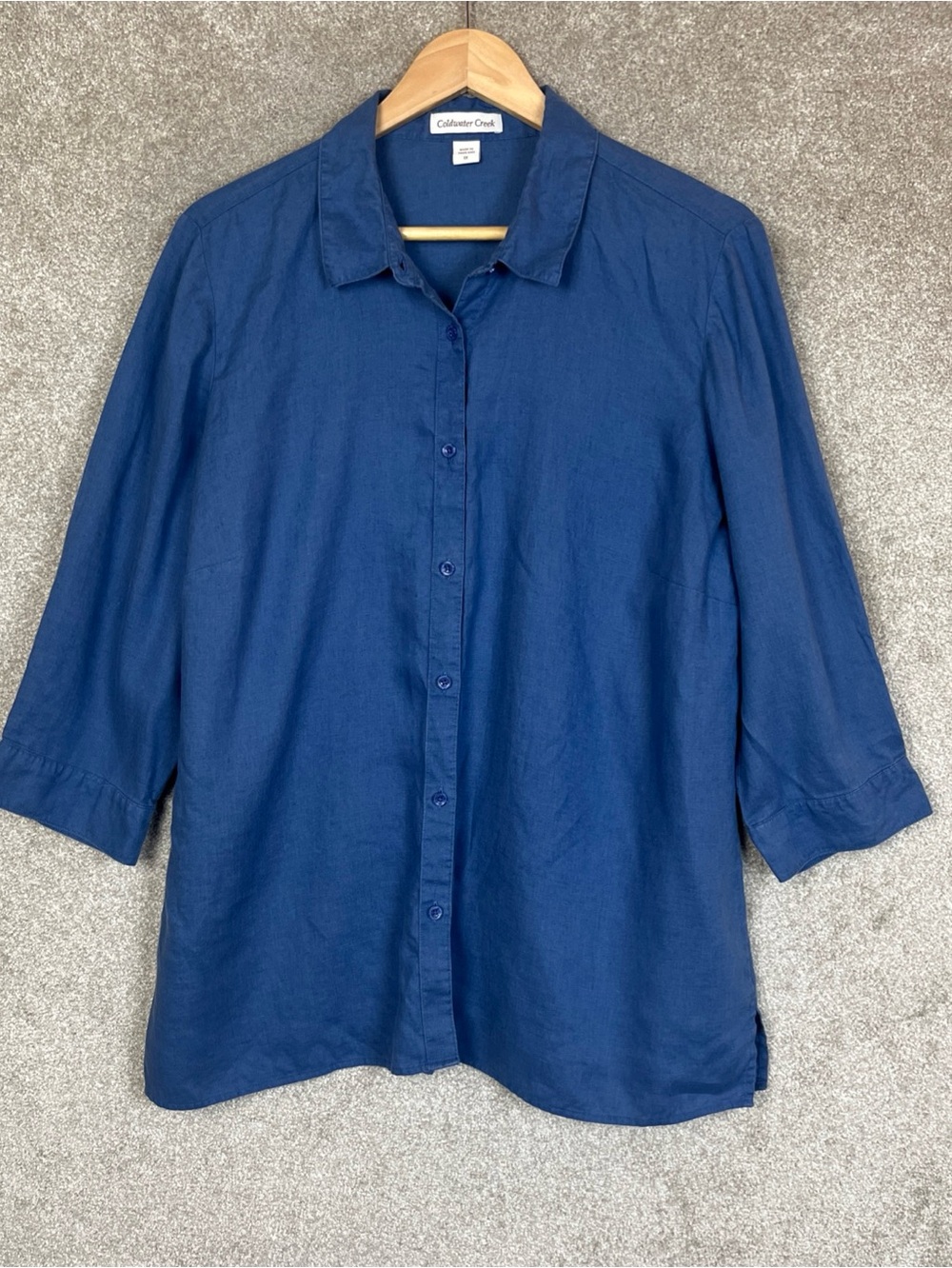 Coldwater Creek Shirt Womens 1X Blue Linen 3/4 Sleeve Button Front- 5160